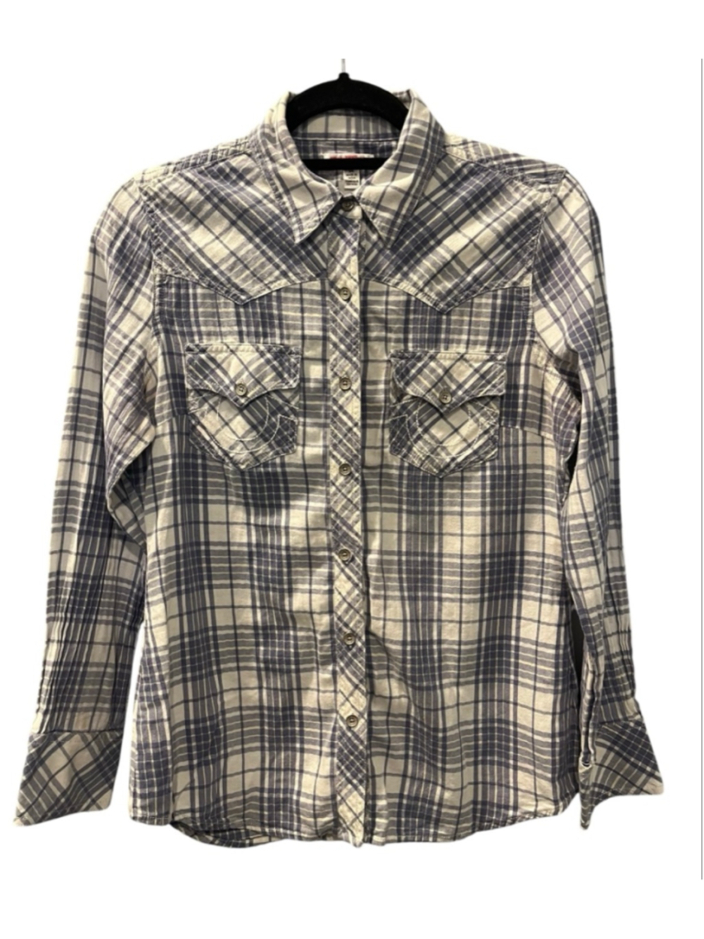True Religion Women's Long Sleeve Blue Plaid Western Button Up Shirt Size Medium